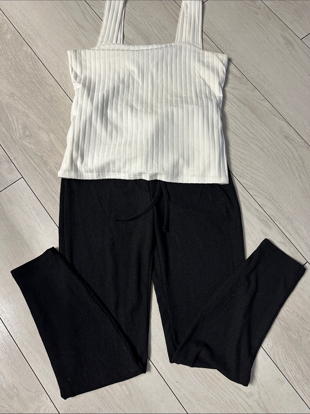 Women’s Black Ribbed Lounge Pants - Classic Knit With a white ribbed top